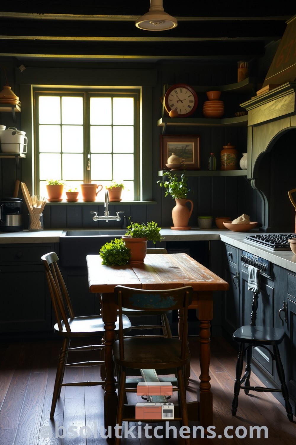 Cozy farmhouse kitchen featuring wooden cabinetry, soapstone countertops, terracotta pots with fresh herbs, and a rustic wooden table surrounded by mismatched chairs, creating a warm and inviting atmosphere for family gatherings. Visit absolutkitchens.com for more inspiring decor ideas.
