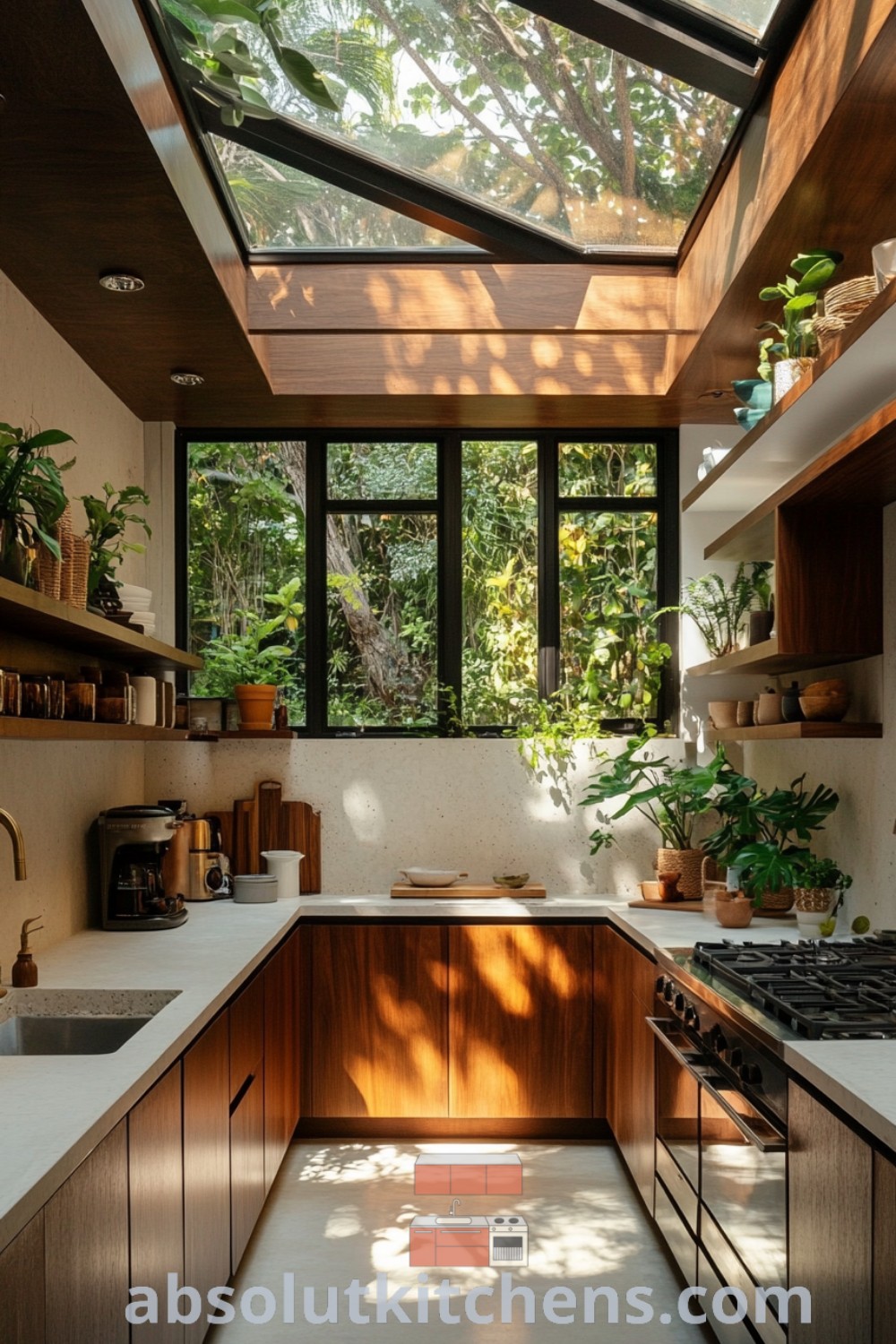 A bright kitchen with numerous windows, adorned with plants on the countertop, showcasing a natural kitchen design ideal for a cozy dark cottage or farmhouse. This inspiring space offers design tips and decor ideas for small spaces, perfect for creating a Greenhouse Kitchen atmosphere. Discover more at absolutkitchens.com.