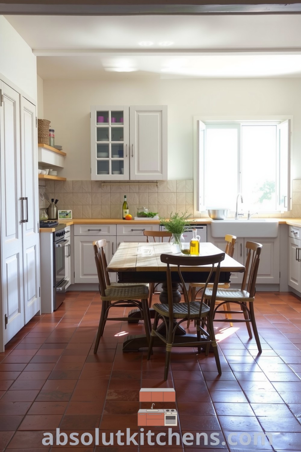 Cozy Mediterranean kitchen featuring natural stone walls, terracotta tiles, a vintage wooden table, and mismatched chairs, evoking rustic elegance and inviting family gatherings. Visit absolutkitchens.com for inspiring decor ideas for your home.