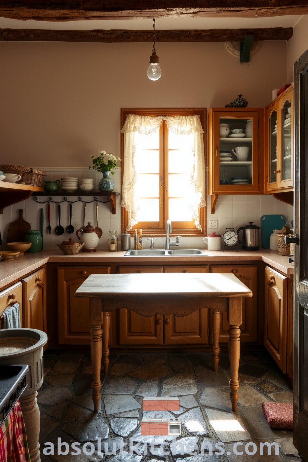 Cozy French kitchen with aged wooden cabinets, rustic ceramics, and a farmhouse table bathed in warm sunlight, featuring charming decor elements and inviting atmosphere for a timeless feel. Visit absolutkitchens.com for more cozy home design ideas.