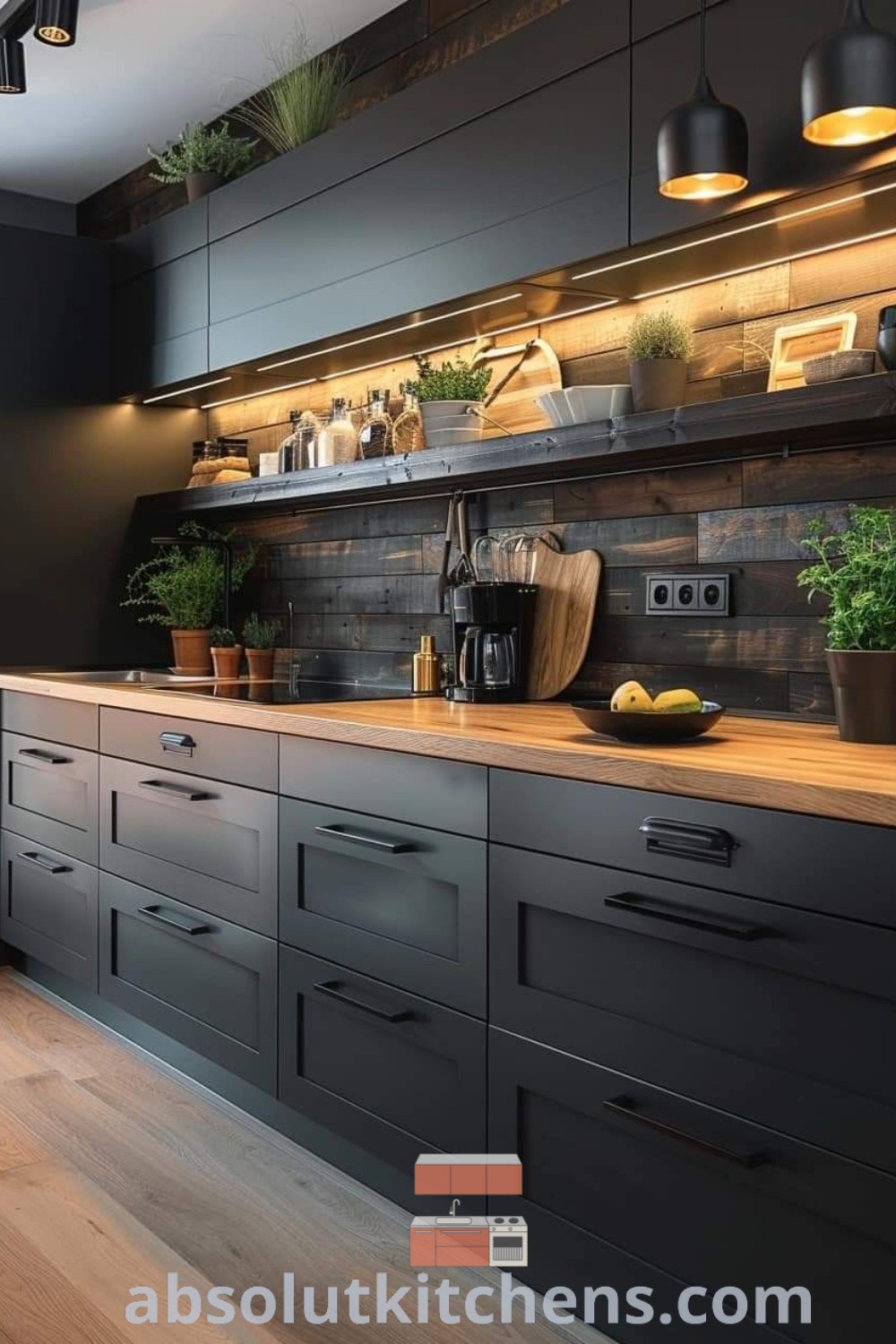 A cozy small kitchen featuring dark design elements and trendy decor, illustrating budget-friendly kitchen ideas, effective kitchen set up, and unique inspirations for cabin kitchens. Discover more design ideas and decor inspirations at wellnesswink.com.