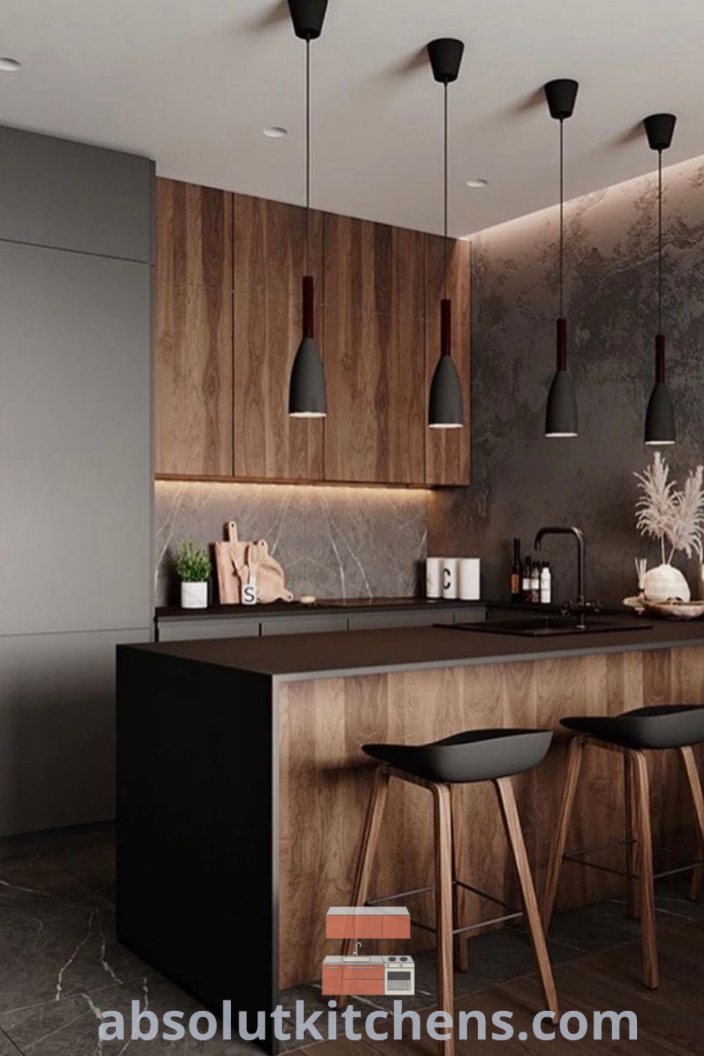 A modern kitchen with an open concept featuring dark wood cabinets, bar stools in the center, and a stylish layout. This design offers cozy ideas and unique inspirations for your home, enhancing functionality and warmth. Discover more kitchen interior design ideas at wellnesswink.com.