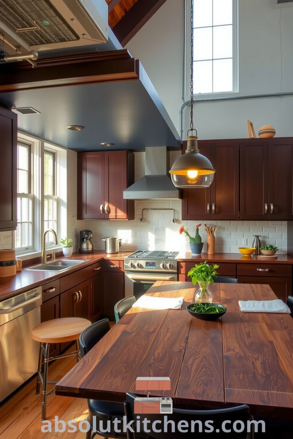 Loft kitchen featuring rich brown cabinetry, rustic stone backsplash, reclaimed wood countertops, and vintage pendant lights, creating a warm atmosphere ideal for gatherings, with fresh herbs adding to the inviting decor, inspired by cozy home design ideas from fireplacesandwoodstoves.com.