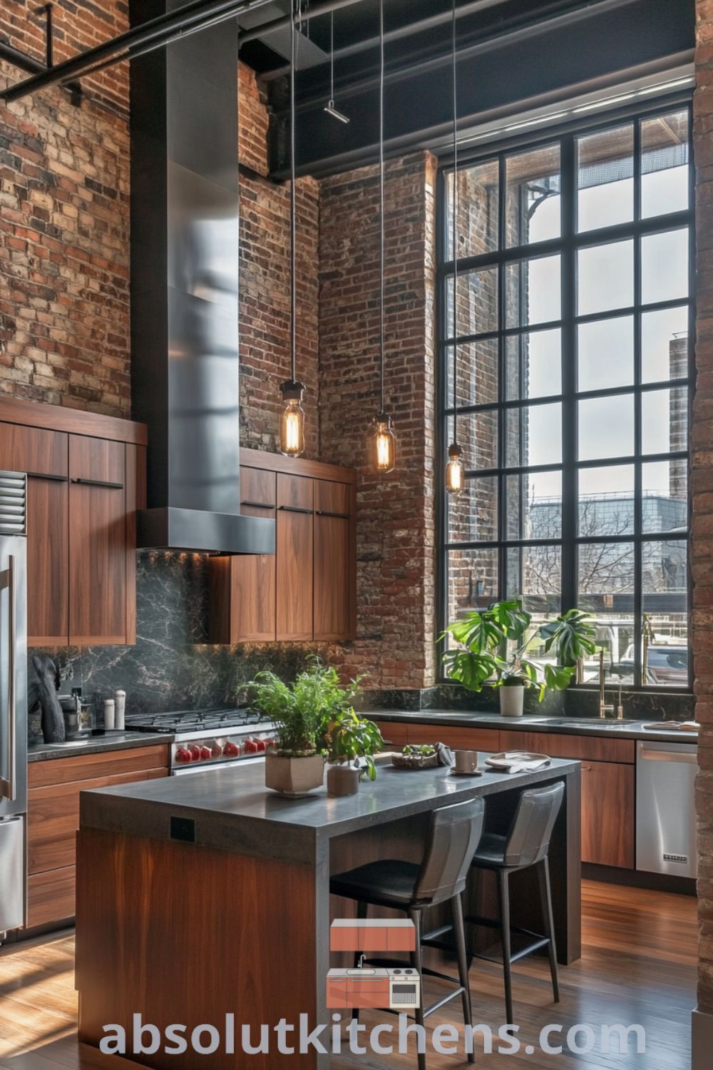 Charming urban loft kitchen on absolutkitchens.com showcasing exposed brick walls, modern loft kitchen design, and cozy aesthetic elements in a spacious layout.