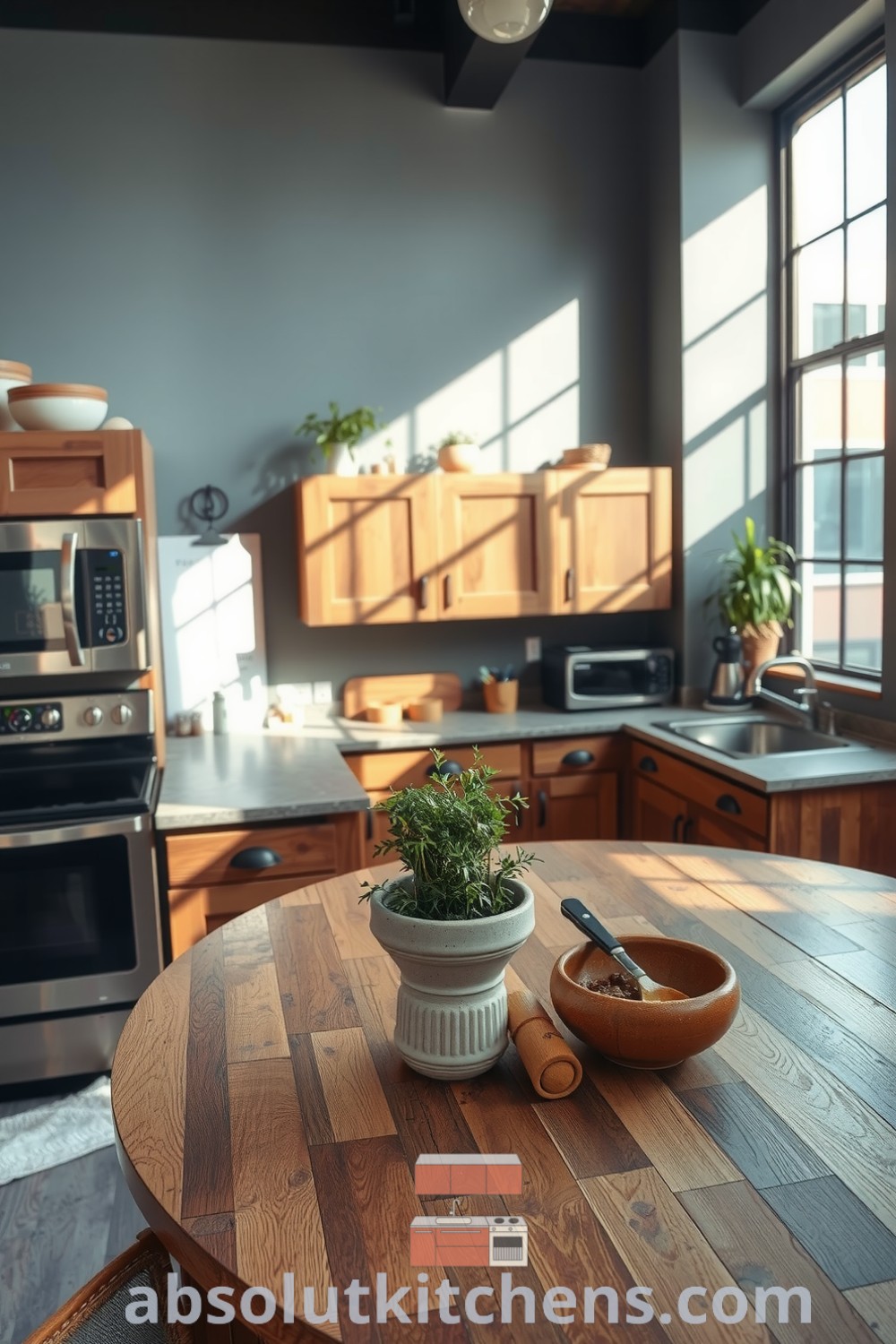 Loft kitchen with grey walls, reclaimed wood cabinetry, stainless steel appliances, stone countertops, and a circular wooden table, creating a cozy home atmosphere with inviting decor ideas from fireplacesandwoodstoves.com.