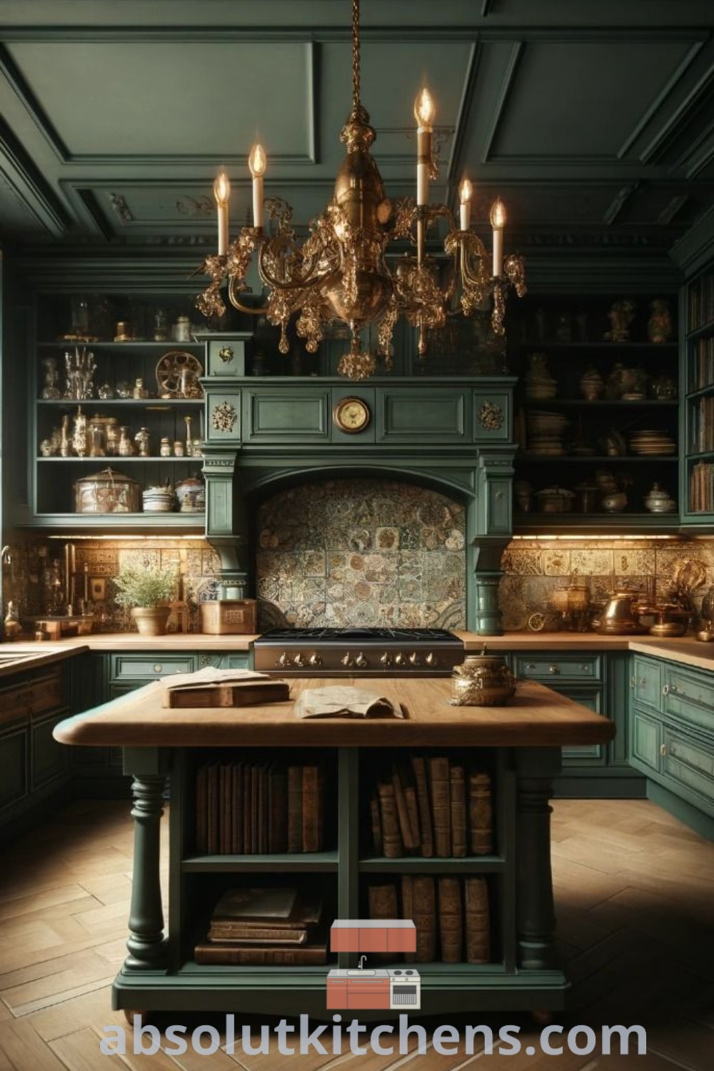 A vintage kitchen featuring dark green cabinets, wooden flooring, and a chandelier above the stove, showcasing a cozy aesthetic and traditional home interior design. Discover inspiring ideas for crafting your dream kitchen at absolutkitchens.com.