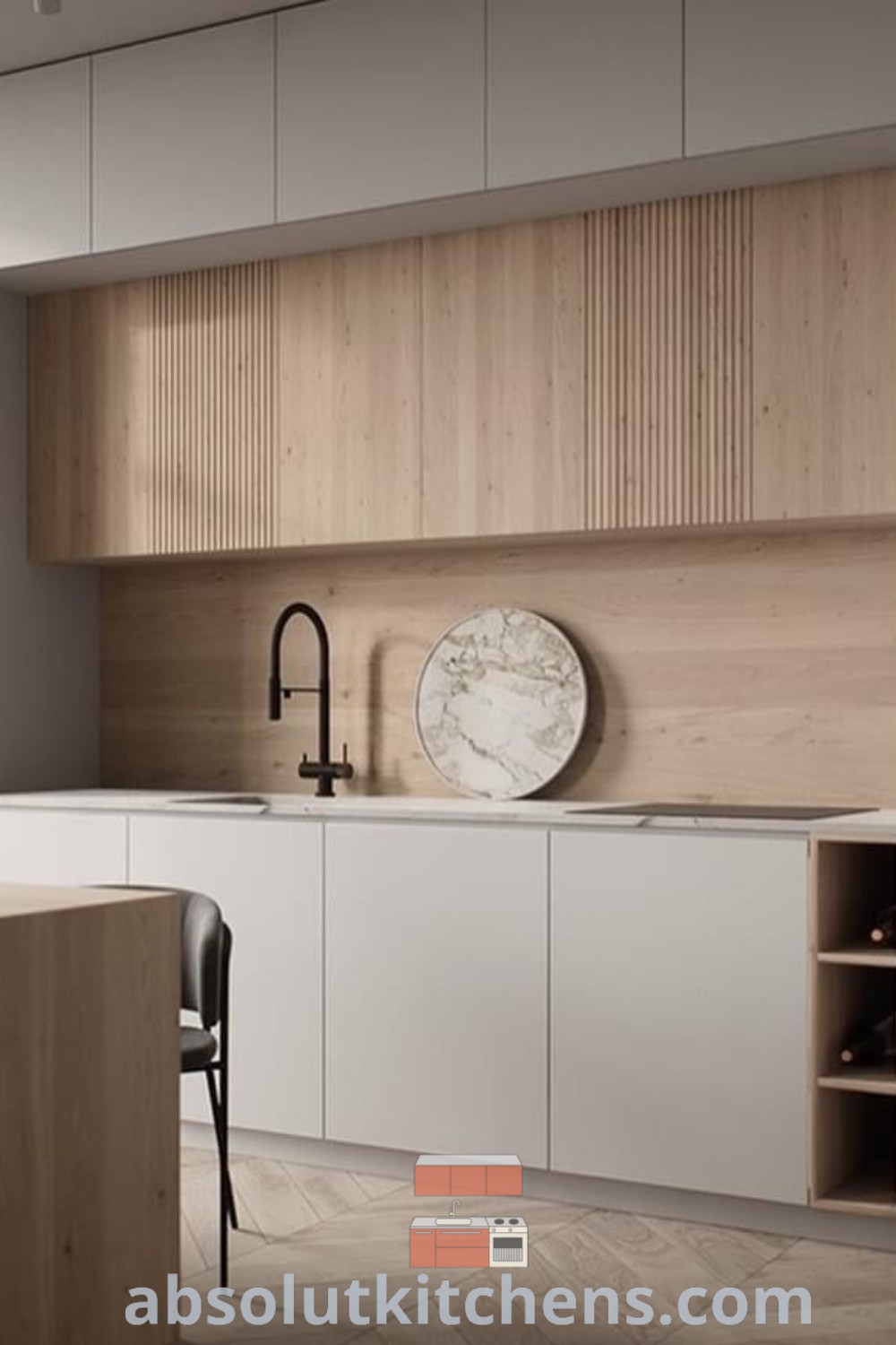 A clean and ready-to-use Japandi kitchen featuring a minimalist one wall layout, showcasing natural materials and inspiring decor ideas. This cozy kitchen design focuses on functionality and aesthetics, perfect for creating a serene atmosphere. Discover unique ideas for your home at wellnesswink.com.