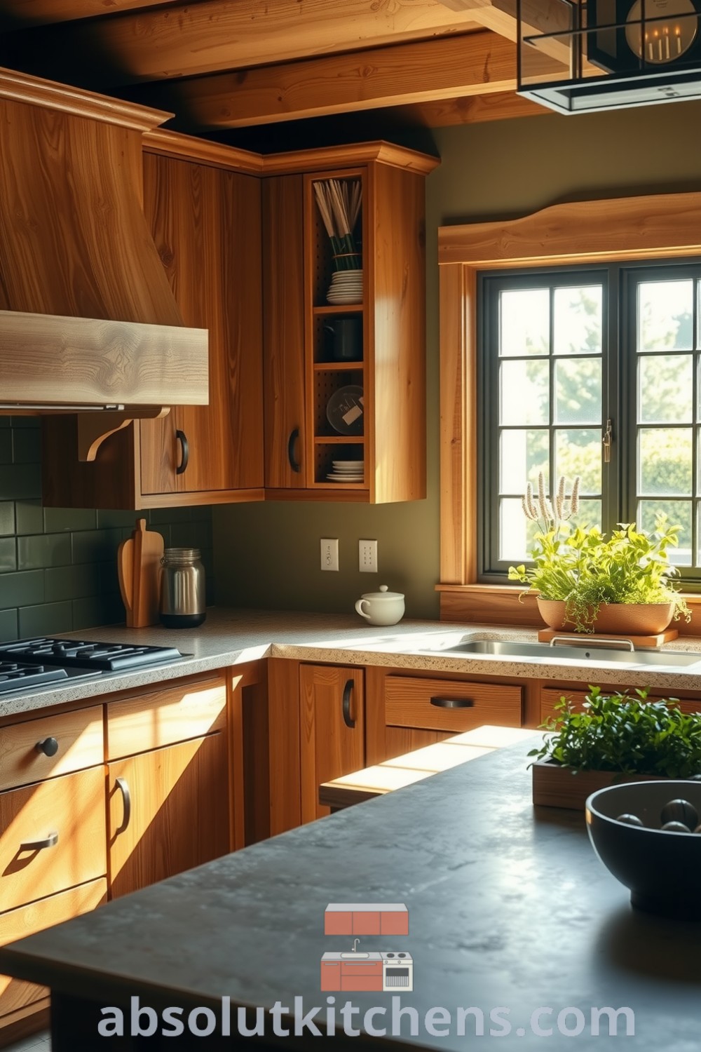 Cozy nature-inspired kitchen with deep green accents, raw wood cabinetry, and a stone island, complemented by a window box of herbs, creating a warm and inviting atmosphere perfect for gatherings and culinary creativity. Visit absolutkitchens.com for inspiring decor ideas.