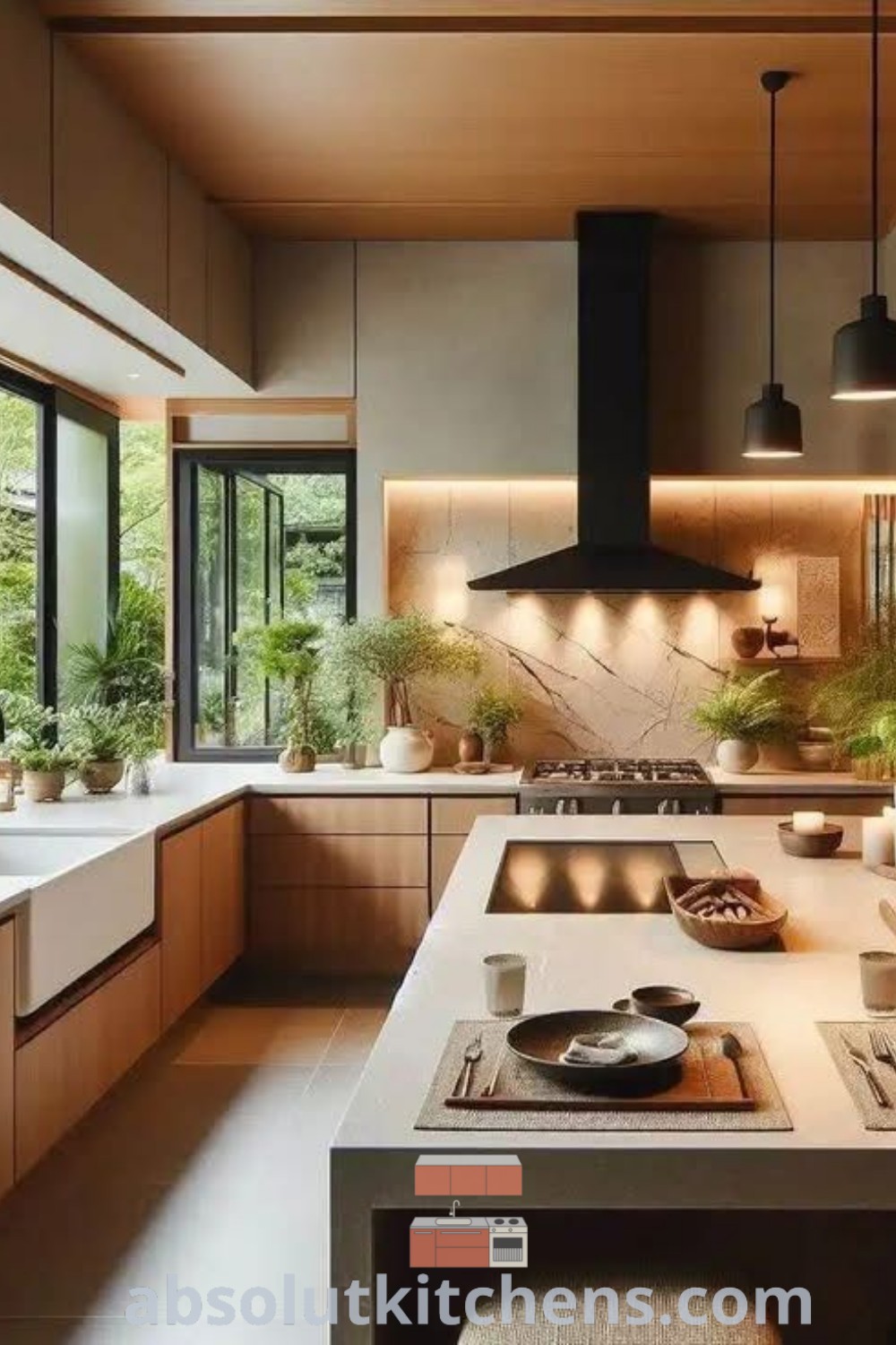 A serene and clean Zen kitchen with plenty of natural light, showcasing Japandi design ideas and transitional decor. This inviting space is perfect for cooking or dining, offering inspiring decor ideas for small spaces, making it ideal for house or apartment transformations. Discover more at absolutkitchens.com.