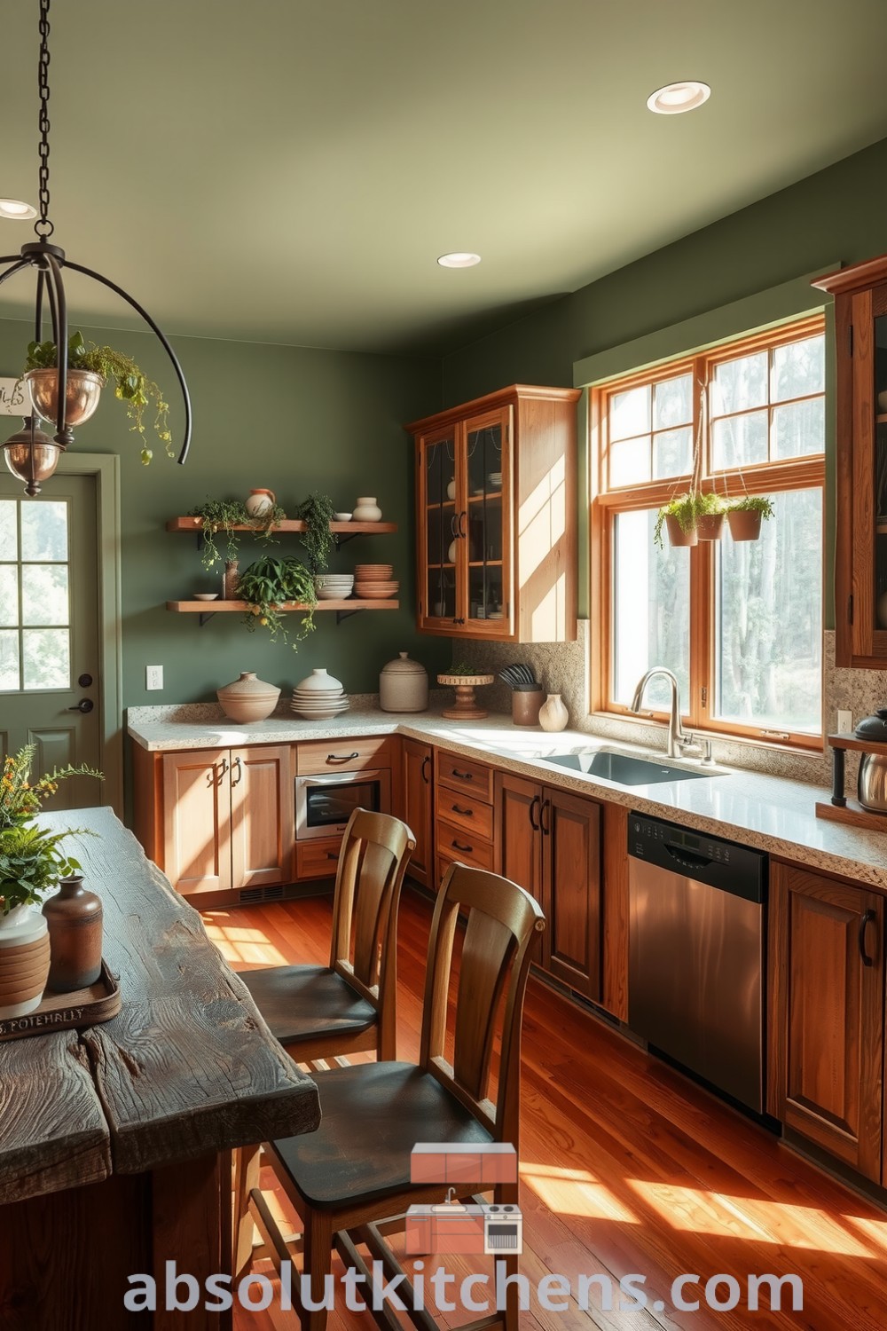 Cozy nature-inspired kitchen featuring soft forest green walls, rich stone countertops, reclaimed wood cabinets with hand-thrown pottery, and potted herbs, creating an inviting atmosphere perfect for family gatherings. Visit absolutkitchens.com for inspiring decor ideas for your home.
