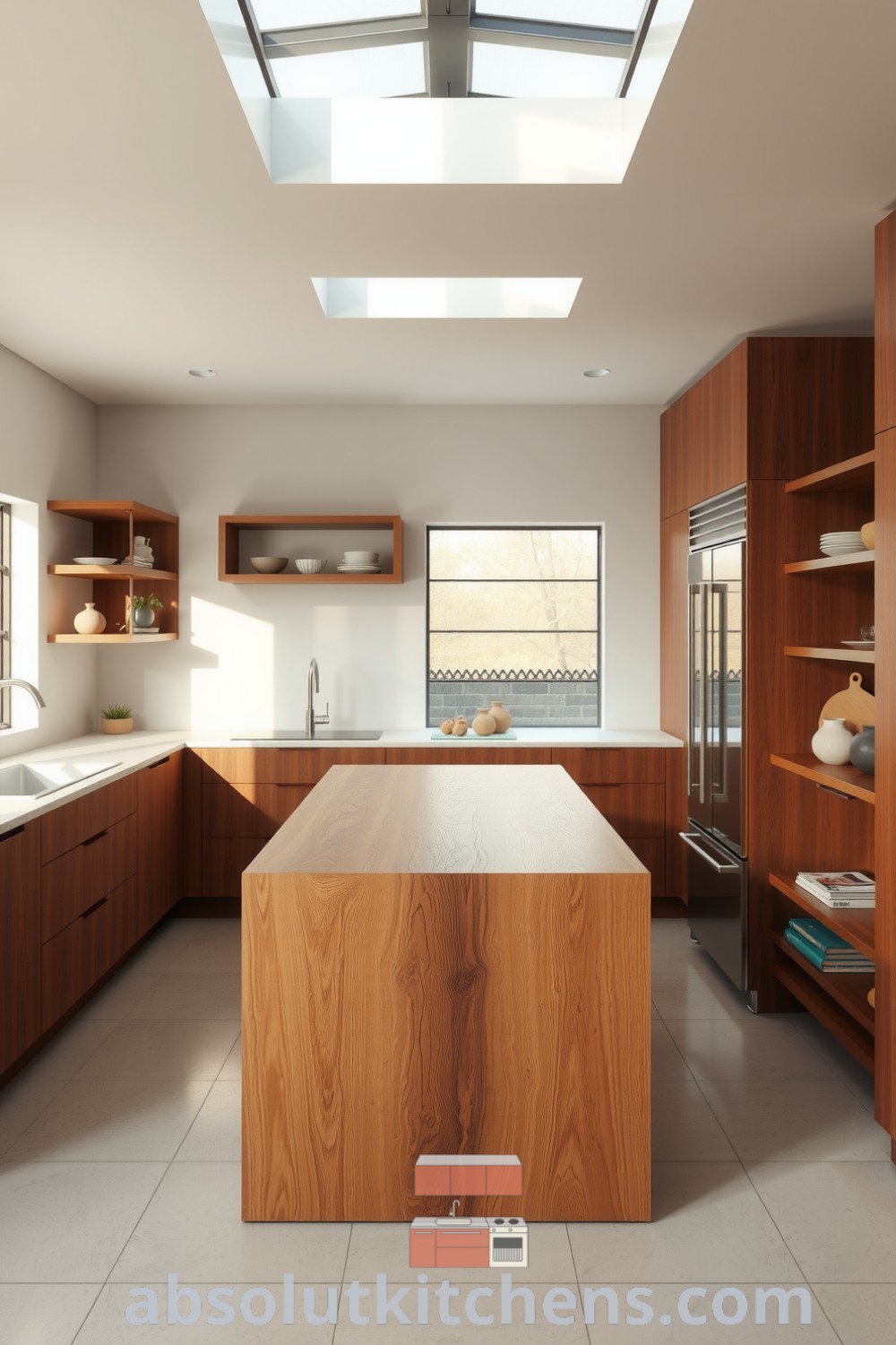 Cozy minimalist kitchen design featuring a rich wooden central island, pale stone countertops, handmade pottery on open shelves, and stainless steel fixtures for a warm yet modern feel, ideal for inspiring home decor ideas at fireplacesandwoodstoves.com.