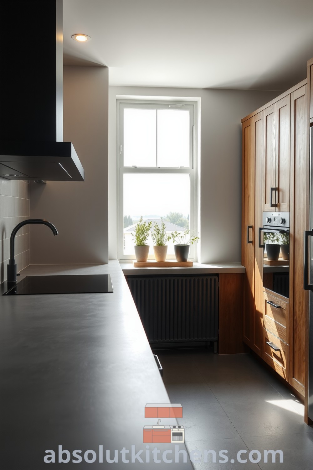 A cozy minimalist kitchen with concrete countertops and wooden cabinetry, illuminated by natural light and decorated with potted herbs, showcasing inspiring design ideas for a welcoming home space at fireplacesandwoodstoves.com.