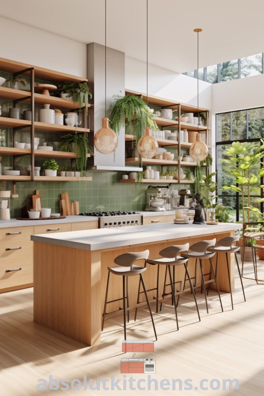 A cozy kitchen with wooden shelves, stools, and an island, showcasing Earth tone kitchen ideas and modern bohemian design trends. This warm and inviting space offers inspiring decor ideas for small apartments, ensuring a functional yet stylish environment. Find more design tips at absolutkitchens.com.