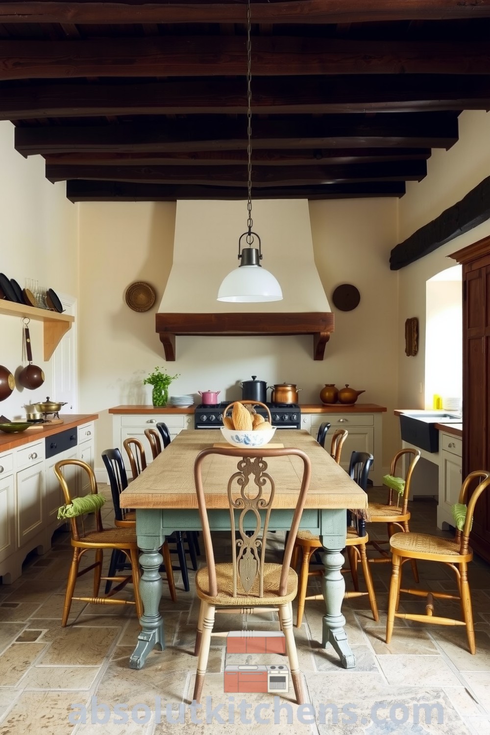 Cozy French kitchen with cream-colored walls, dark wooden beams, a large farmhouse table surrounded by mismatched chairs, and copper pots, capturing the essence of comfort and home. Visit absolutkitchens.com for more inspiring decor ideas.