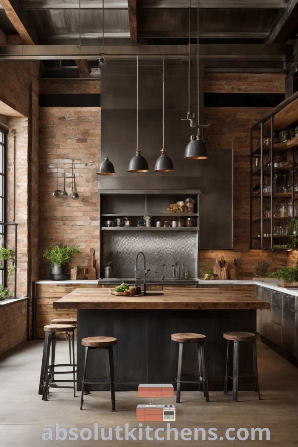 An industrial style kitchen featuring wooden countertops, two stools in front of an island, and concrete elements, blending functionality with aesthetic appeal. Discover cozy ideas for your home decor inspirations at wellnesswink.com.