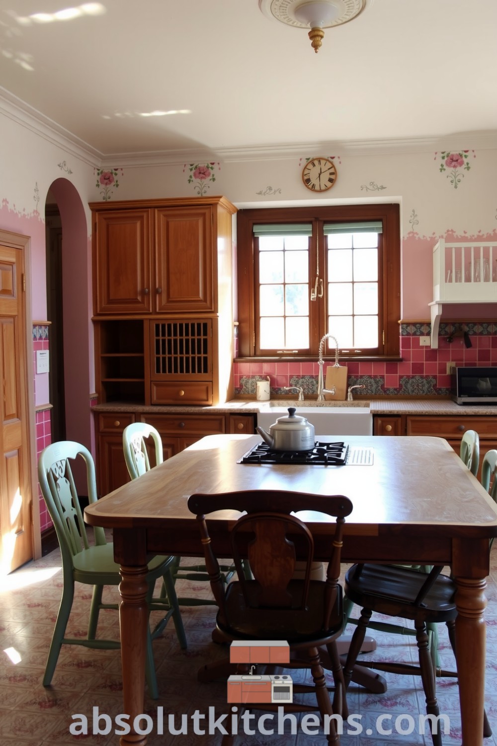 Cozy Victorian kitchen with pink floral walls, rich wooden cabinetry, unique tiled backsplash, and a large aged table surrounded by mismatched chairs, showcasing cozy ideas and design inspirations for your home, ideal for gatherings. Visit absolutkitchens.com for more cozy decor ideas.