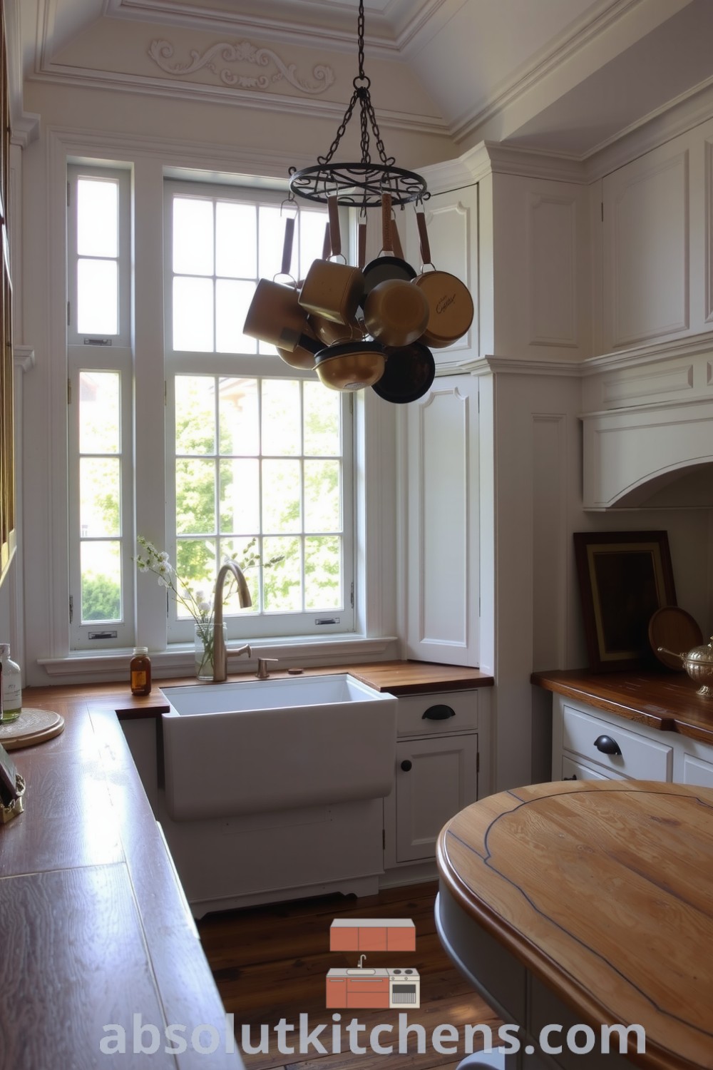 Cozy Victorian kitchen with wooden countertops, tall paned windows, and a wrought iron pot rack filled with copper cookware, featuring a farmhouse sink and a round table, perfect for creating a warm and inviting home atmosphere. Visit absolutkitchens.com for inspiring decor ideas.