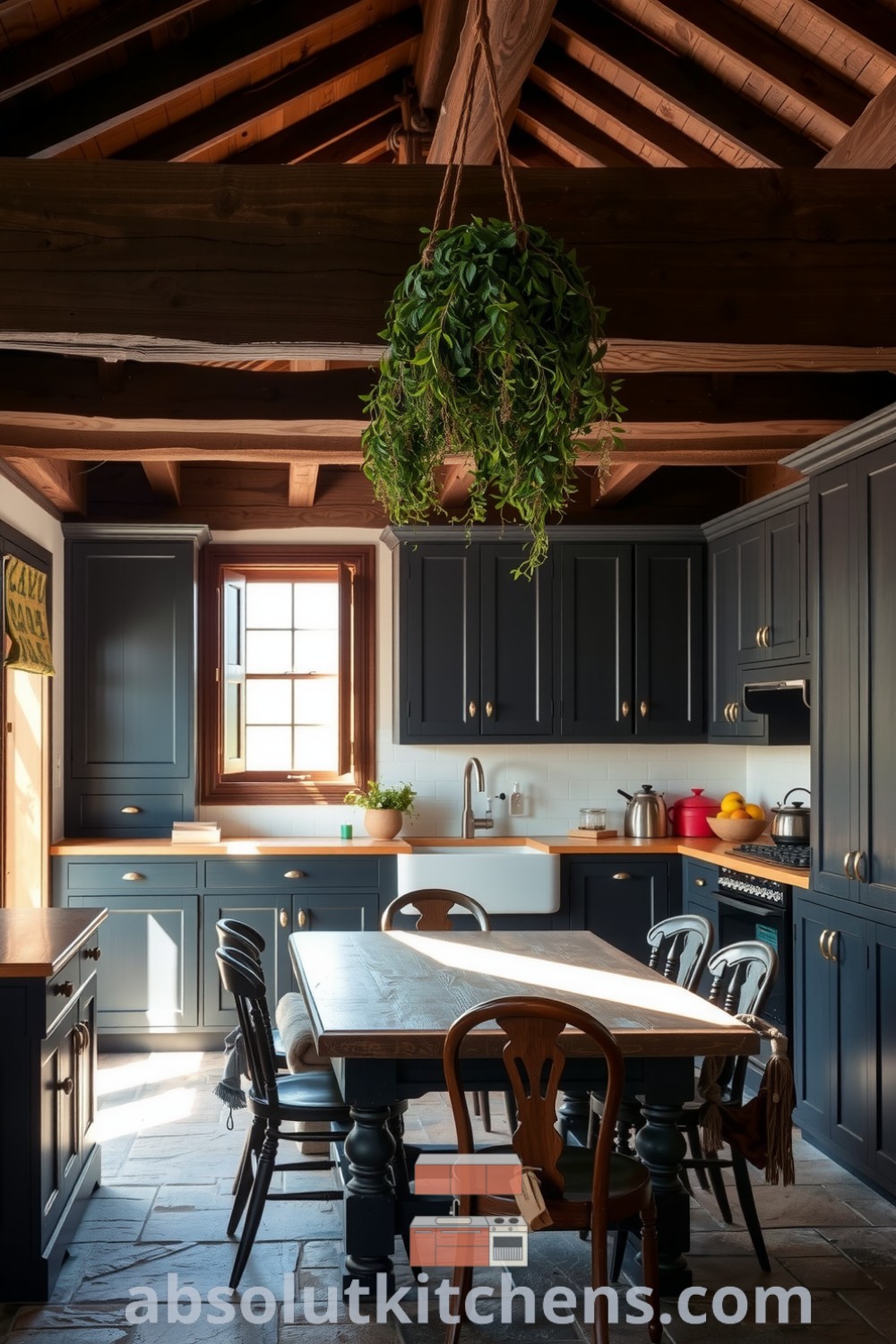 Cozy farmhouse kitchen featuring dark cabinetry, aged wooden beams, a timeworn table with mismatched chairs, and sunlight illuminating the space; designs and decor ideas from absolutkitchens.com.