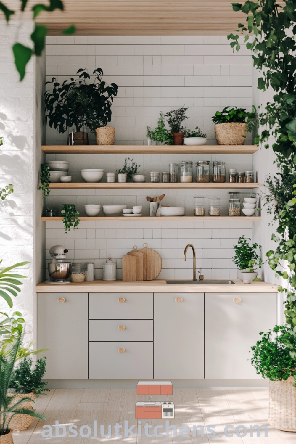 An open kitchen studio featuring plants on shelves, showcasing a cozy aesthetic and functional design. This inspiring kitchen environment provides appealing decor ideas for small spaces, perfect for house or apartment. Explore more about stylish kitchen trends at absolutkitchens.com.