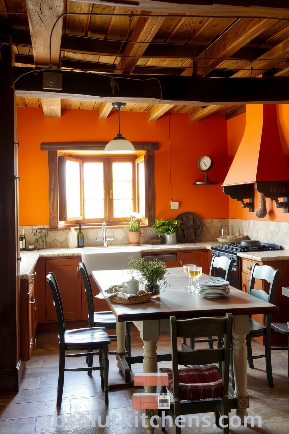 Cozy rustic kitchen featuring rich orange walls, wooden beams, a weathered farmhouse table, mismatched chairs, and a stone backsplash with a bright window highlighting the inviting atmosphere. Discover cozy ideas and decor inspirations for your home at absolutkitchens.com.