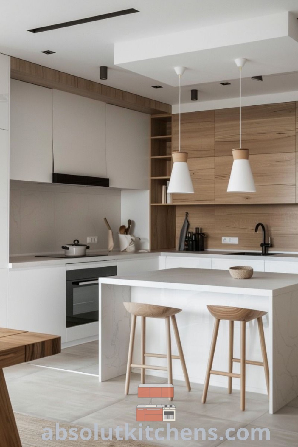 A modern kitchen with marble countertops and minimalist white decor, featuring stylish stools that create an organic modern aesthetic. This inviting design offers unique ideas for your home and showcases inspiring decor inspirations found at wellnesswink.com.