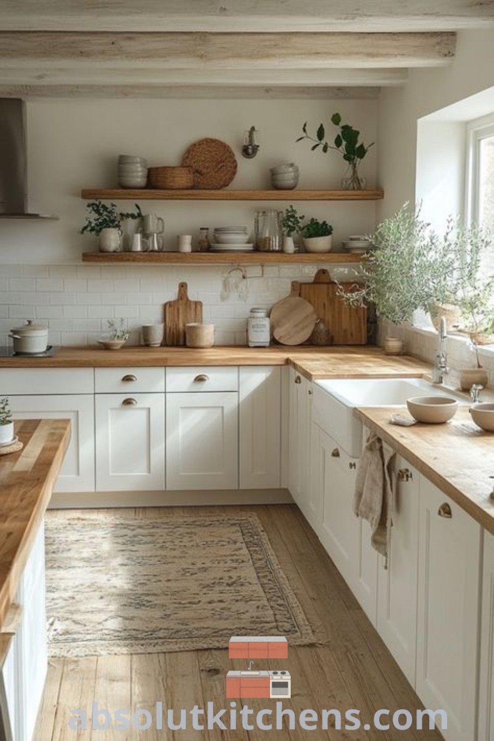 A charming kitchen with white cabinets and wooden counters, showcasing a cozy aesthetic and functional design ideas. This small natural kitchen blends neutral colors with pops of color, offering unique decor inspirations for a warm and inviting space. Learn more at wellnesswink.com.