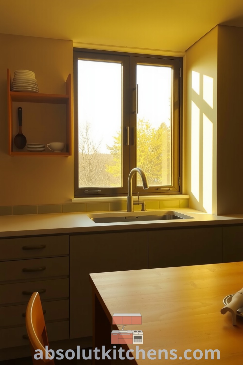 A serene minimalist kitchen with sunlight filtering through large windows, smooth stone countertops, and a small wooden dining table, showcasing cozy decor ideas for a welcoming home at fireplacesandwoodstoves.com.