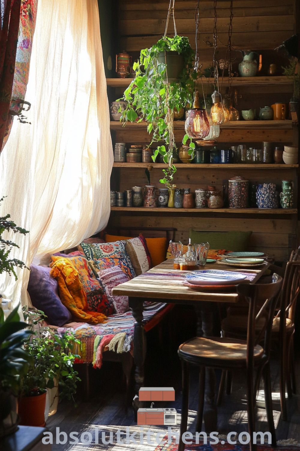 Bohemian Kitchen scene on absolutkitchens.com featuring cozy accents, kitchen decor ideas, and eclectic interior design elements promoting a warm, inviting atmosphere.