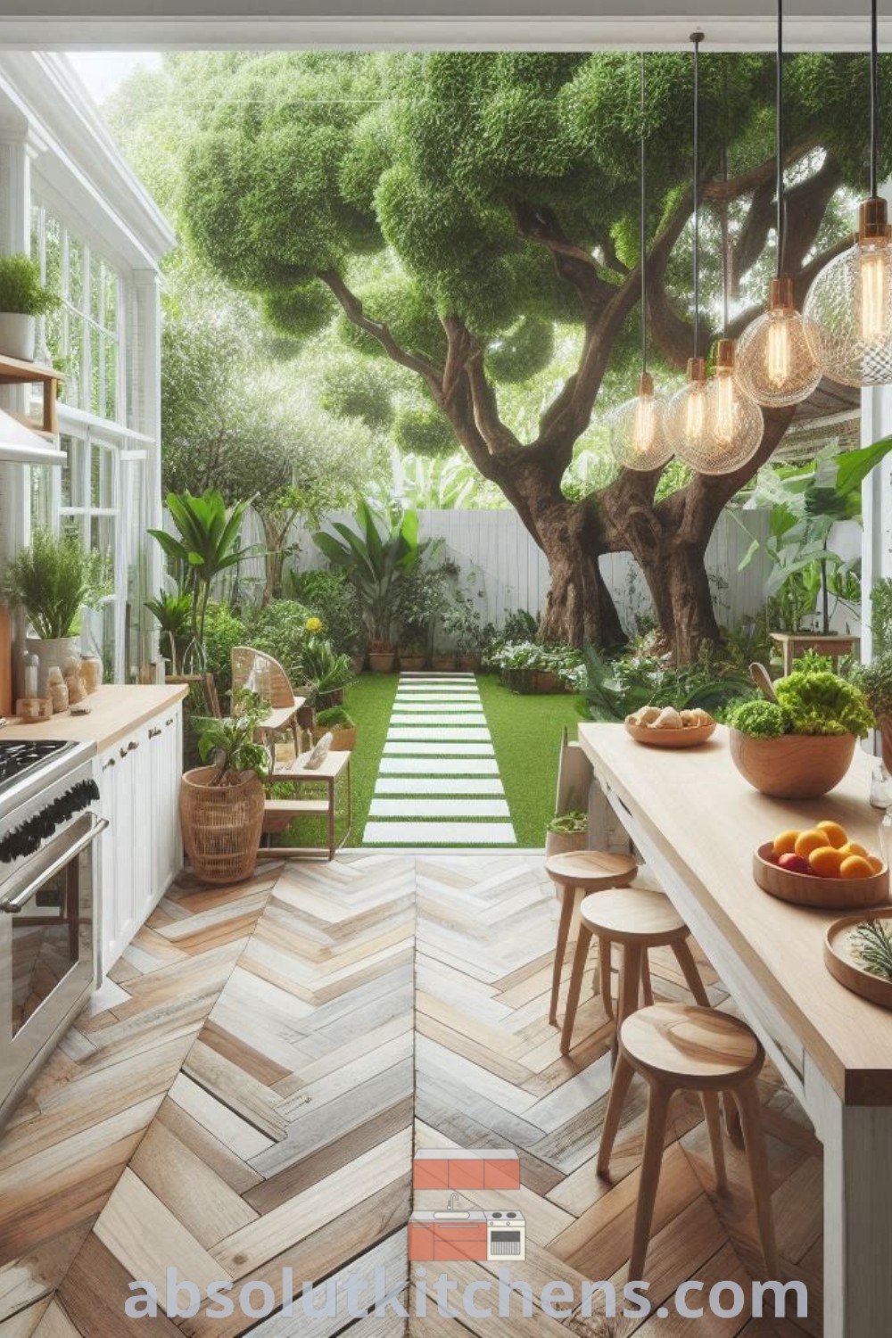 A stylish kitchen with wooden floors and lush plants on the counter, blending eco-friendly design trends. This inspiring space embodies a cozy aesthetic and offers design tips for sustainable city living. Explore more decor ideas for your house or apartment at absolutkitchens.com.