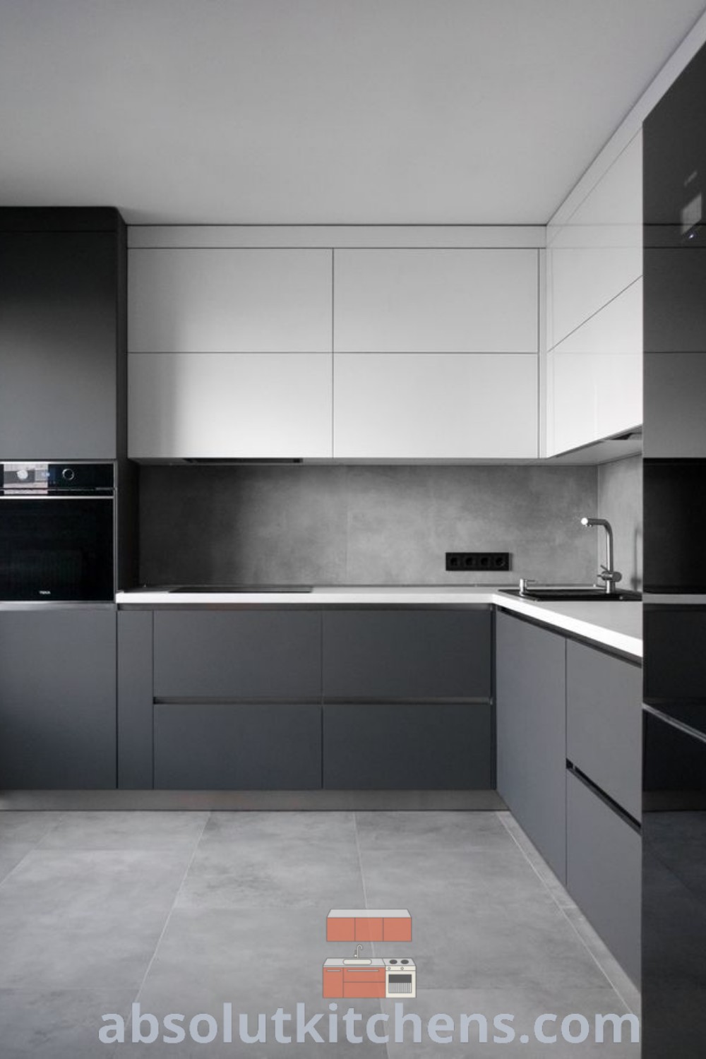 A modern minimalist kitchen showcasing dark grey kitchen cabinets and a stylish, clean design that highlights the latest trends in kitchen interior decor. This inspiring space offers cozy ideas for creating a functional and aesthetically pleasing environment. Discover unique decor ideas at wellnesswink.com.