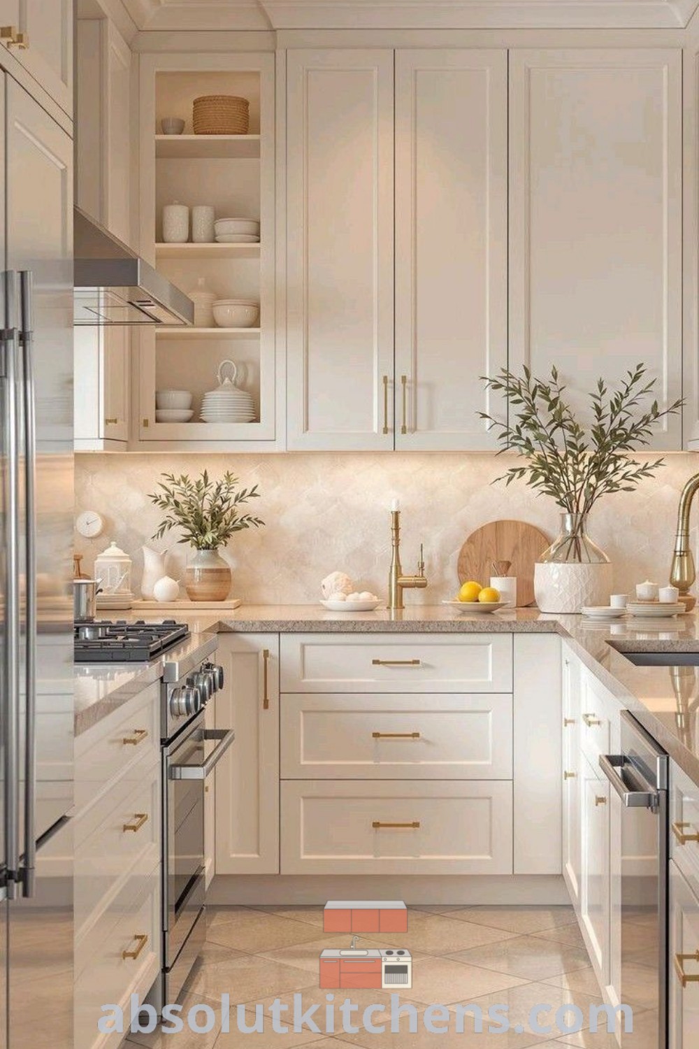 A modern kitchen design with white glass cabinets and marble countertops, showcasing elegant decor ideas for small spaces. This kitchen offers inspiring design tips for homes or apartments, blending functionality with a cozy aesthetic, perfect for anyone looking to elevate their kitchen space. Discover more at absolutkitchens.com.