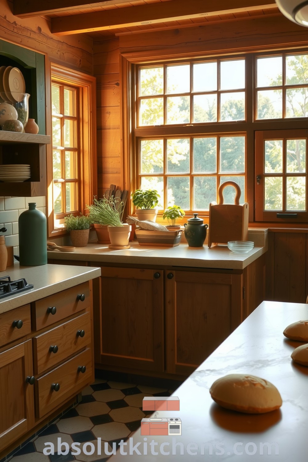 Nature-inspired kitchen with oak cabinetry, stone countertops, and potted herbs on the windowsill, showcasing a warm and inviting atmosphere perfect for families and home cooks, featured on absolutkitchens.com.