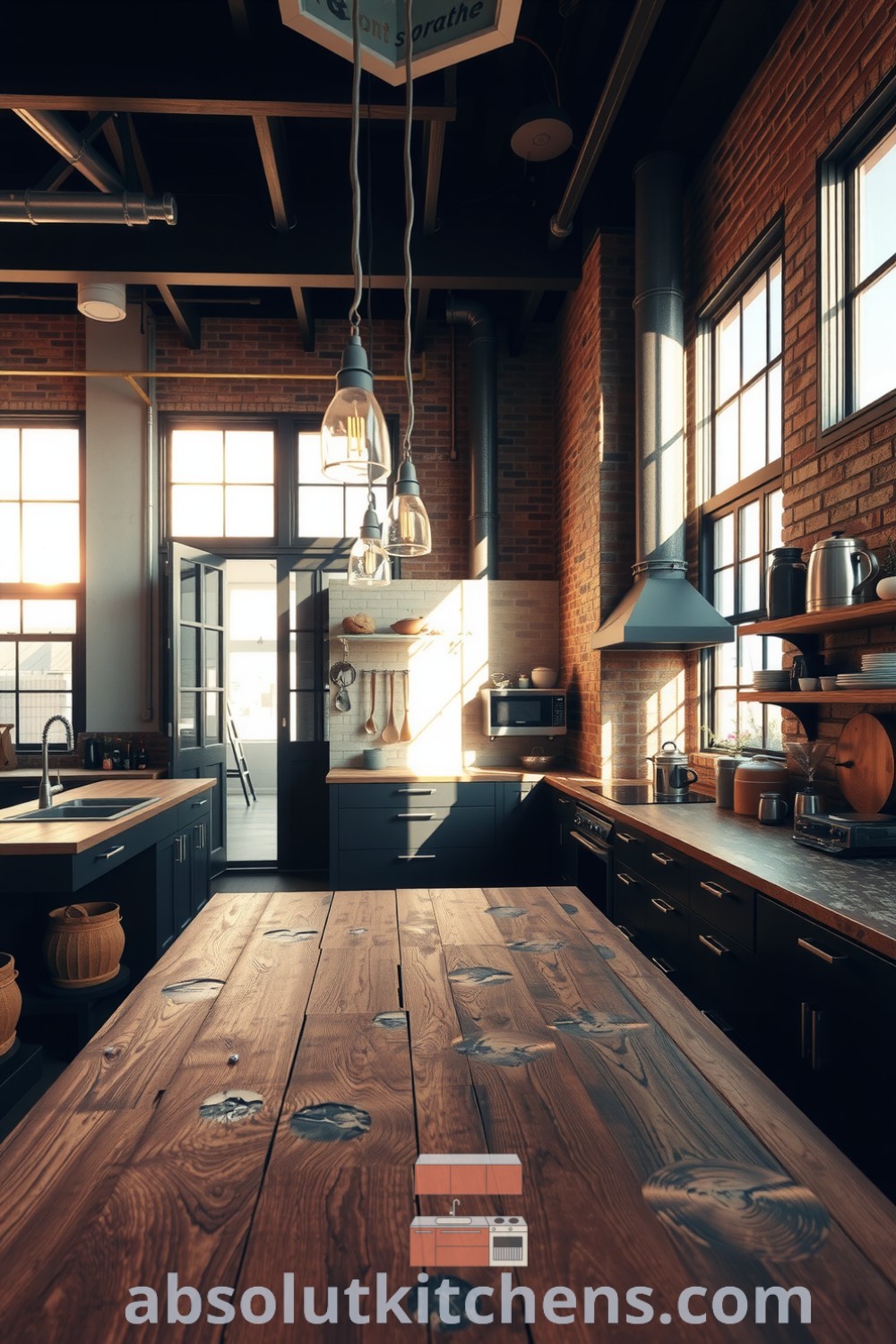 Loft kitchen design blending industrial charm with cozy warmth, featuring black metal accents, weathered wood cabinets, and a rustic island for gatherings, providing inspiring decor ideas for your home at fireplacesandwoodstoves.com.