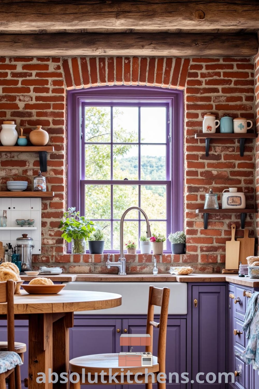 Cozy farmhouse kitchen with rustic wooden beams, a farmhouse sink, and an oak table surrounded by chairs, enhanced by soft purple tones, warm sunlight, and colorful earthenware, offering inspiring decor ideas for a cozy home at fireplacesandwoodstoves.com.