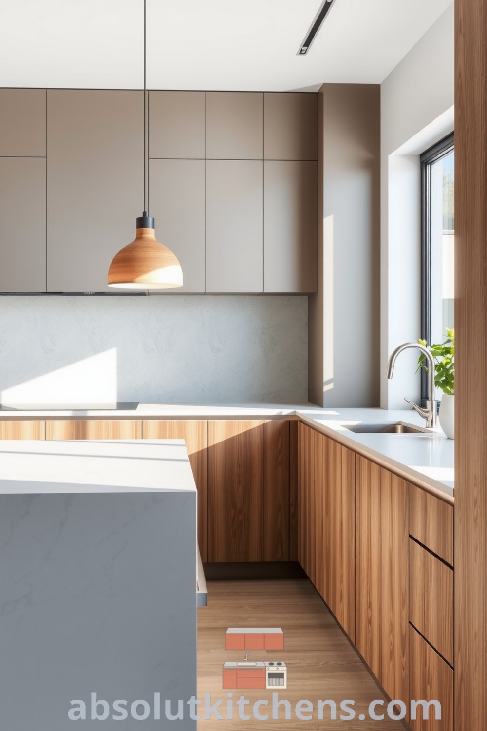 Cozy grey kitchen design with smooth stone countertops, natural wooden cabinets, and soft diffused light from a large window. The space features a simple island, brushed metal fixtures, and a touch of greenery from a basil pot, offering inspiring decor ideas for a cozy home at fireplacesandwoodstoves.com.