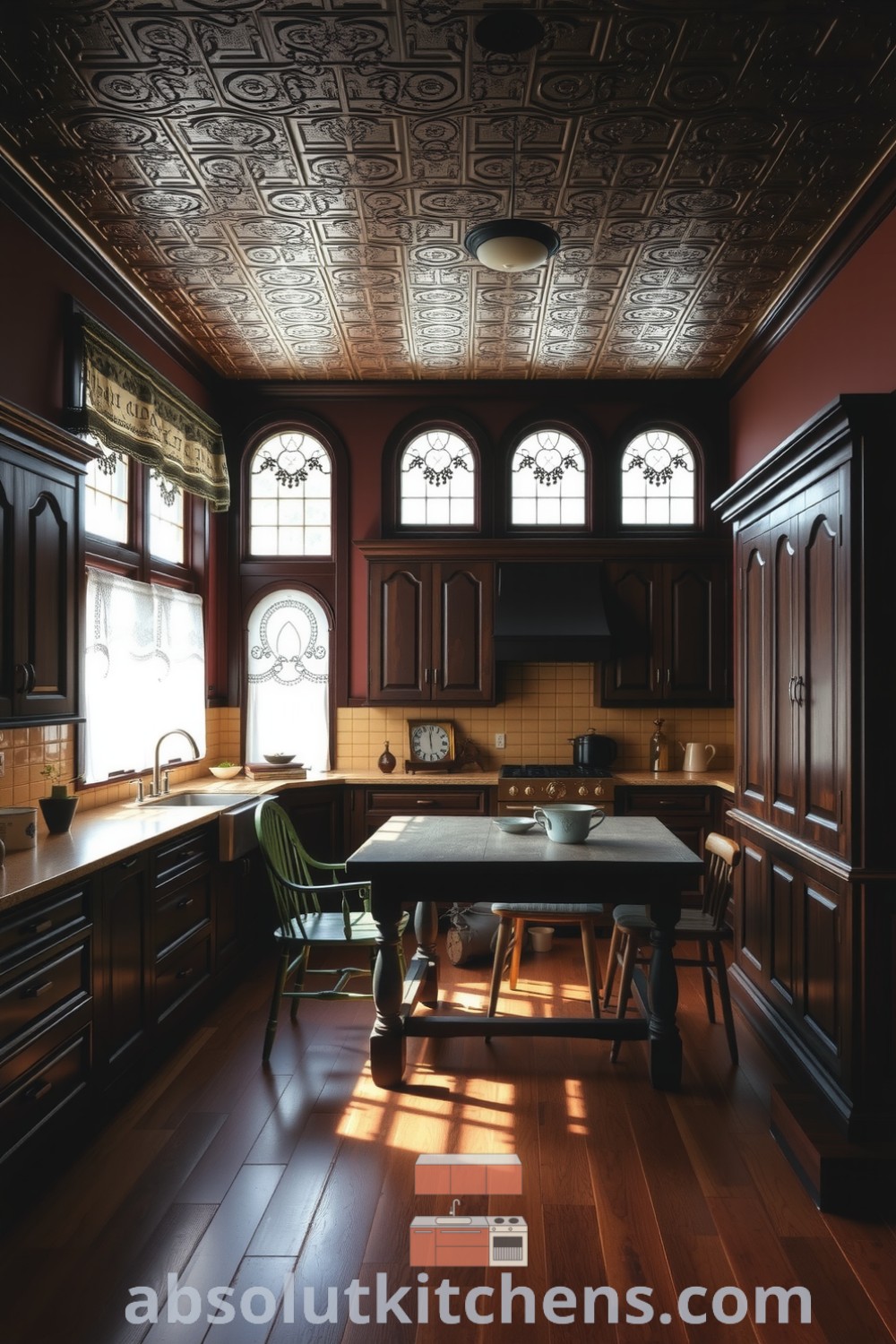 Cozy Victorian kitchen featuring red-hued walls, dark wood cabinets, an embossed tin ceiling, and a sturdy farmhouse table surrounded by mismatched chairs, creating an inviting atmosphere in your home. Visit absolutkitchens.com for inspiring decor ideas.