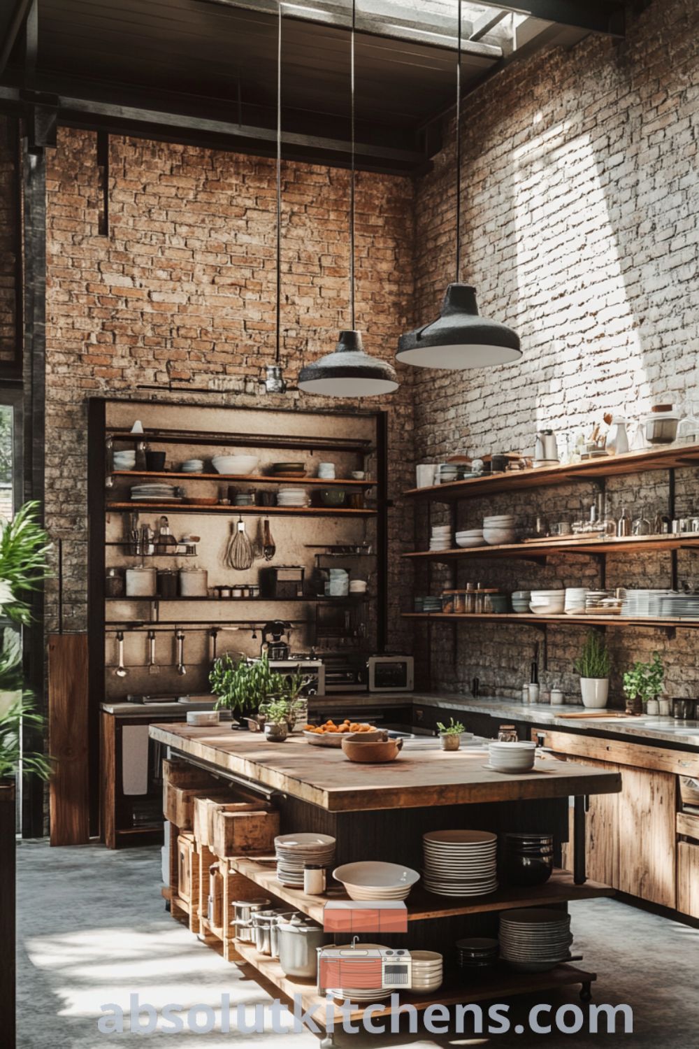 Urban loft kitchen designed for cozy living, featuring a reclaimed wood island and warm industrial lighting on absolutkitchens.com. Explore loft kitchen design, cozy aesthetic, and modern lofts for decor ideas for small spaces.