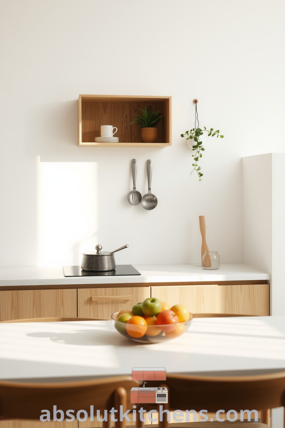 Minimalist kitchen design featuring white walls, smooth stone countertops, wooden cabinetry, and an inviting atmosphere enhanced by open shelving with plants and utensils, ideal for cozy home inspirations at fireplacesandwoodstoves.com.