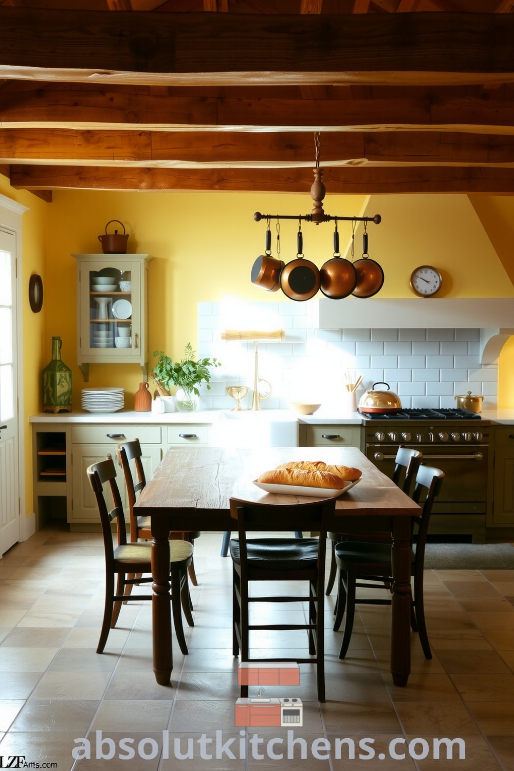 Cozy French kitchen with buttery yellow walls, rustic wooden beams, a large oak table, and mismatched chairs. Features copper pots and a marble countertop adorned with freshly baked baguettes, providing inspiring decor ideas for creating a warm and inviting home atmosphere at absolutkitchens.com.