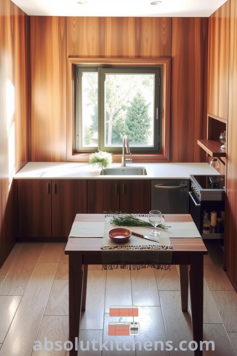 Cozy minimalist kitchen design with warm brown cabinetry, a mottled stone countertop, a linen table runner, and herbs on the windowsill, illuminated by natural light, providing unique ideas and inspiring decor inspirations for your home at fireplacesandwoodstoves.com.