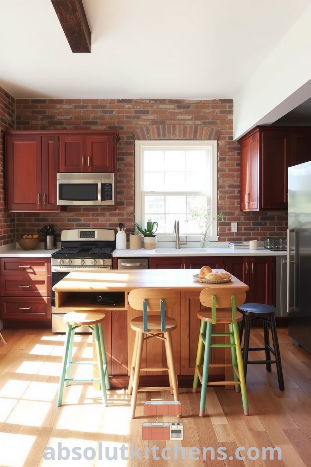 Loft kitchen with rich brown wooden cabinets, exposed brick walls, a reclaimed wood island, and mismatched bar stools, creating a warm and inviting atmosphere perfect for family gatherings, featured on fireplacesandwoodstoves.com.