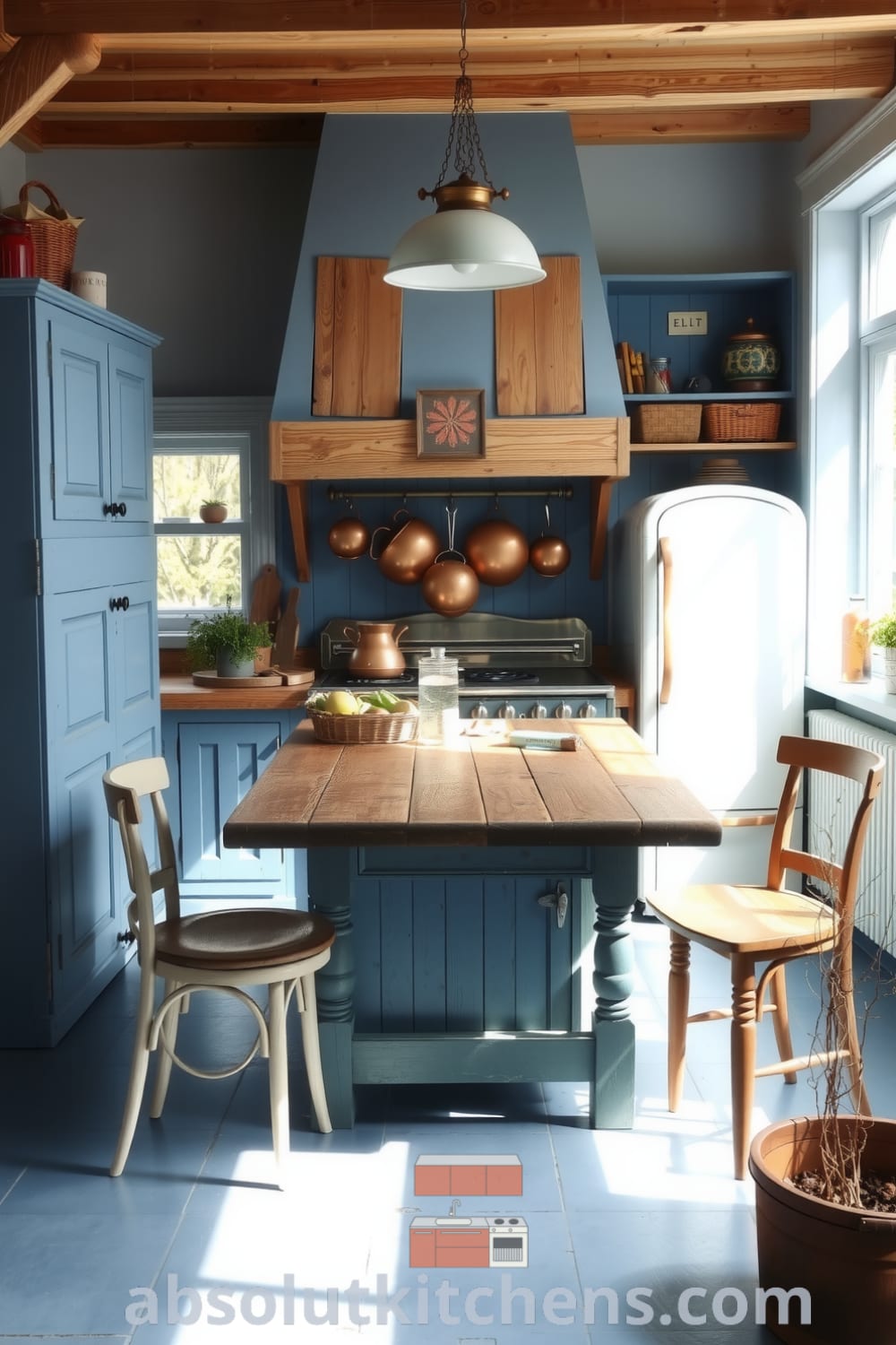 Rustic blue kitchen with a farmhouse table, mismatched chairs, and copper pots, showcasing cozy design ideas for a warm and inviting home at fireplacesandwoodstoves.com.