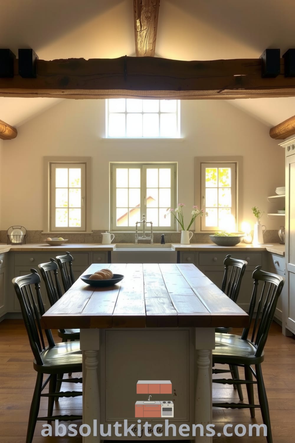 Rustic kitchen featuring soft-hued walls, reclaimed wood beams, a farmhouse sink, and a timeworn wooden countertop, with vintage chairs creating an inviting atmosphere, perfect for family gatherings; cozy ideas and decor inspirations from fireplacesandwoodstoves.com.