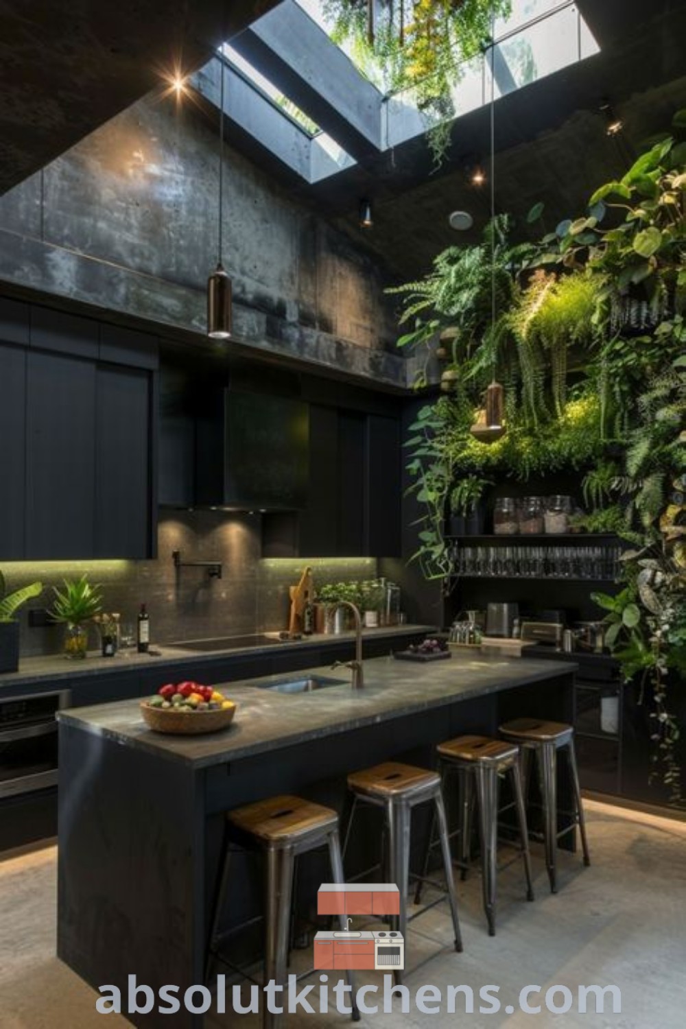 A dreamy kitchen filled with lush plants on walls and countertops, featuring unique backsplash ideas and elements of a dark modern bedroom style. This cozy aesthetic promotes a serene atmosphere, offering decorating ideas for small spaces. Discover more design trends at absolutkitchens.com.