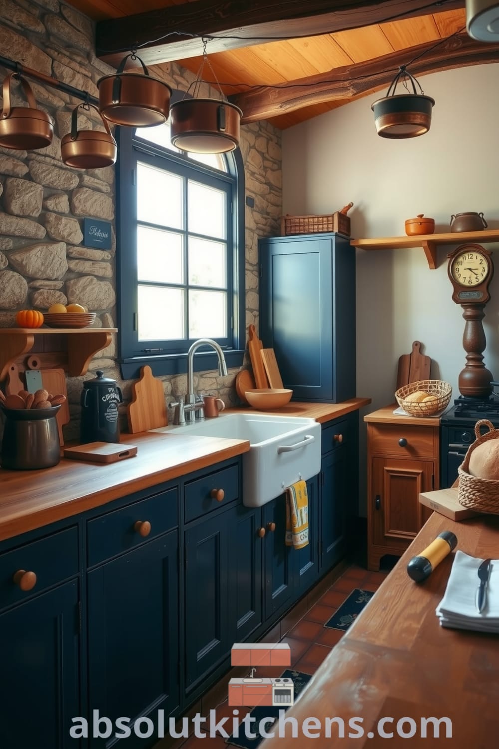 Rustic kitchen featuring deep blue cabinetry, warm wooden countertops, stone accent wall, and copper pots, creating a cozy atmosphere filled with the scent of baked bread, perfect for inspiring cozy home decor ideas at fireplacesandwoodstoves.com.