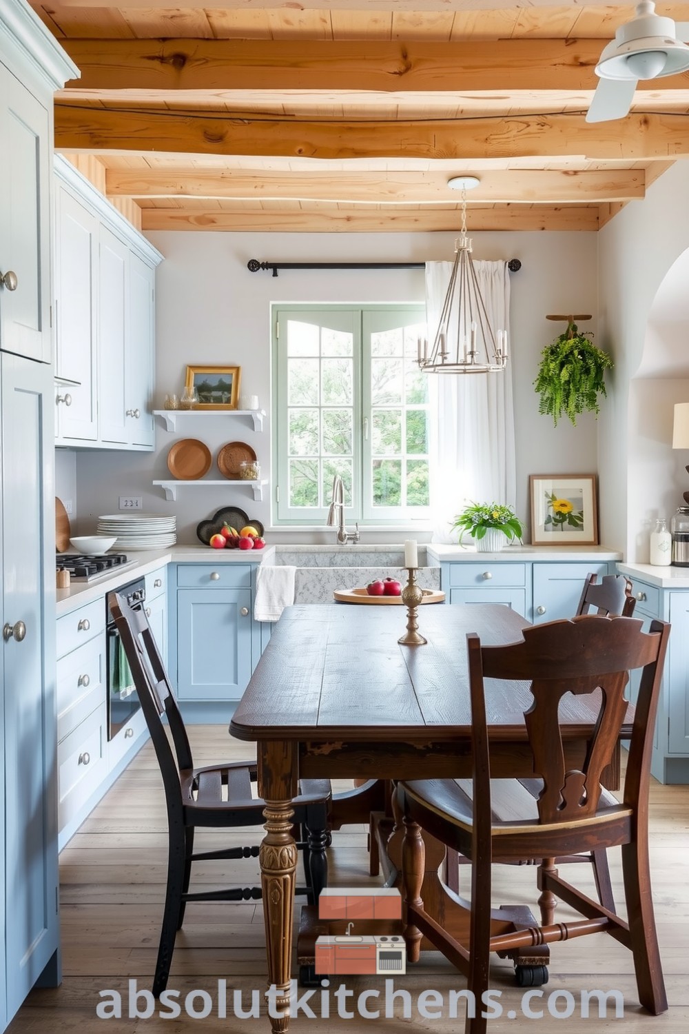 Cozy French kitchen featuring pale blue cabinetry, rustic wooden beams, a deep stone sink, and a central oak table, perfect for inspiring cozy decor ideas and welcoming gatherings in your home. Visit absolutkitchens.com for more cozy ideas.