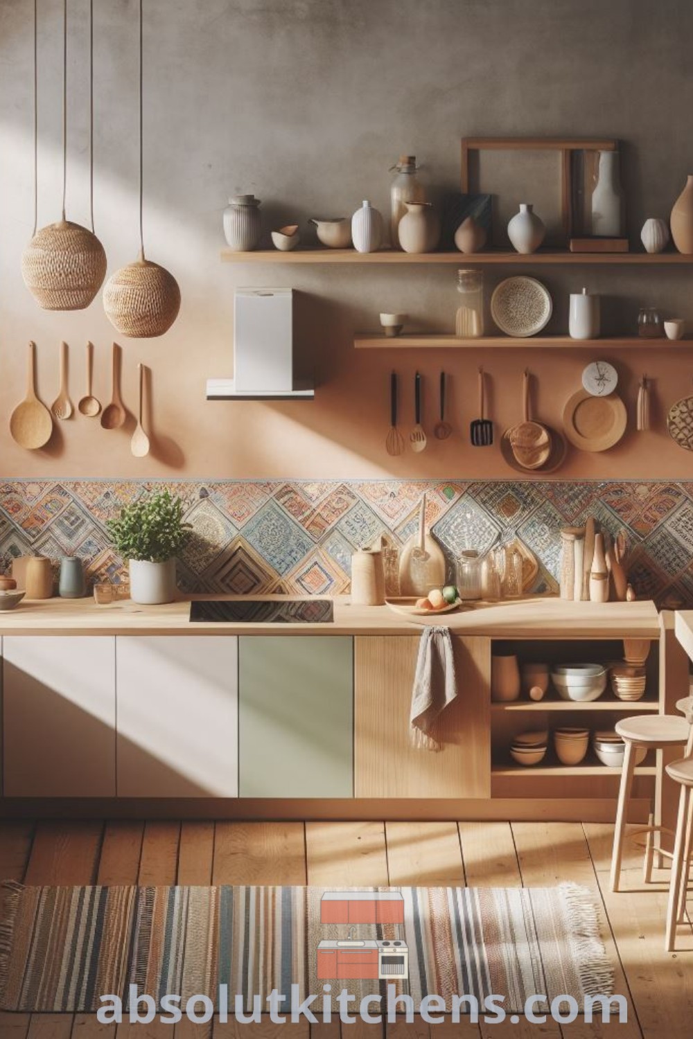 A contemporary boho kitchen design showcasing ample counter space, wooden flooring, and pots and pans, embodying the cozy aesthetic and inviting atmosphere. This kitchen offers inspiring decor ideas for small spaces and emphasizes the bohemian style kitchen, perfect for the home or apartment. Find more ideas you need to see at absolutkitchens.com.