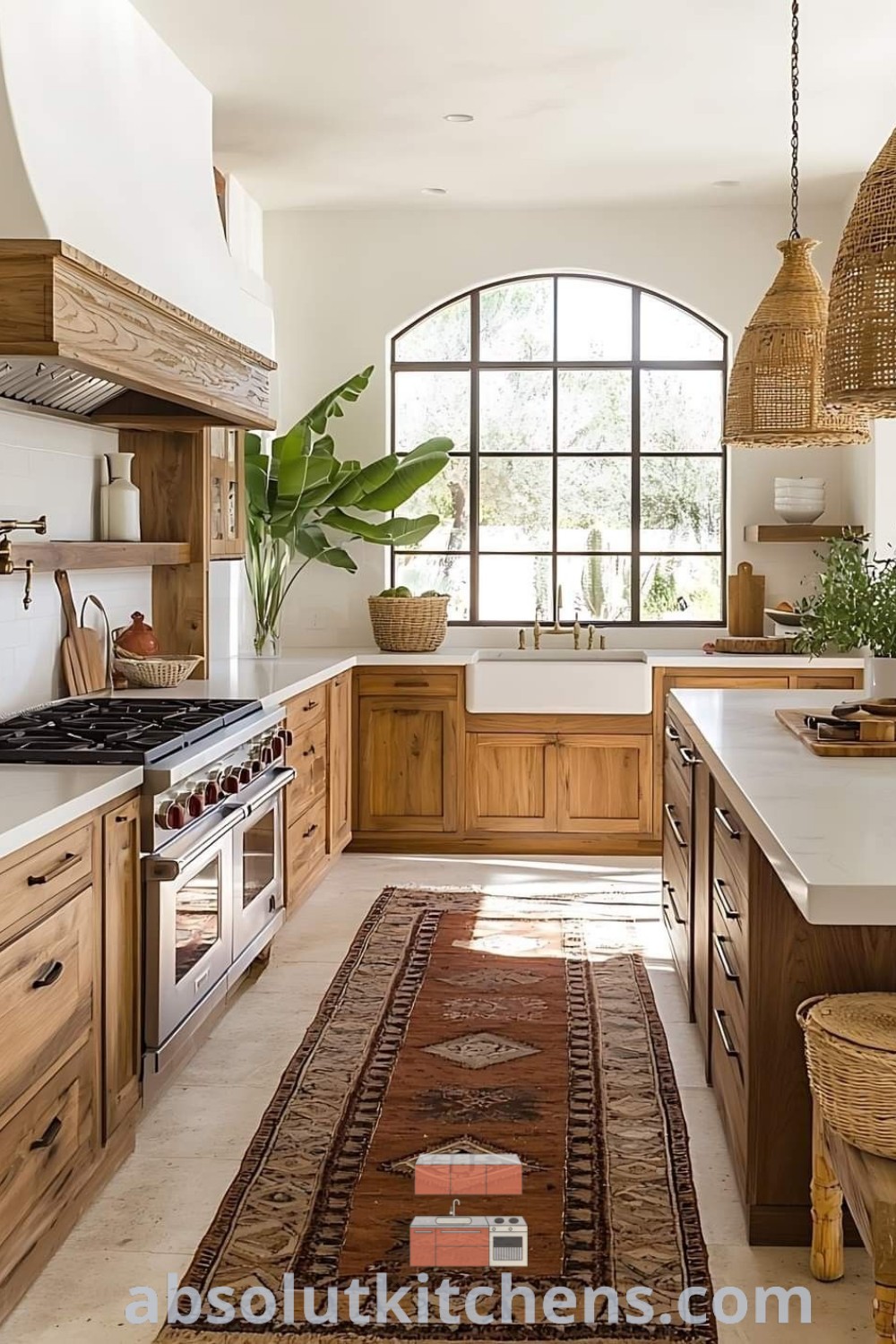 A large kitchen with wooden cabinets and white countertops in a California Spanish style interior design. This inspiring kitchen remodel embraces an open floor plan with a cozy aesthetic and includes design trends such as area rugs. For more ideas, visit absolutkitchens.com.