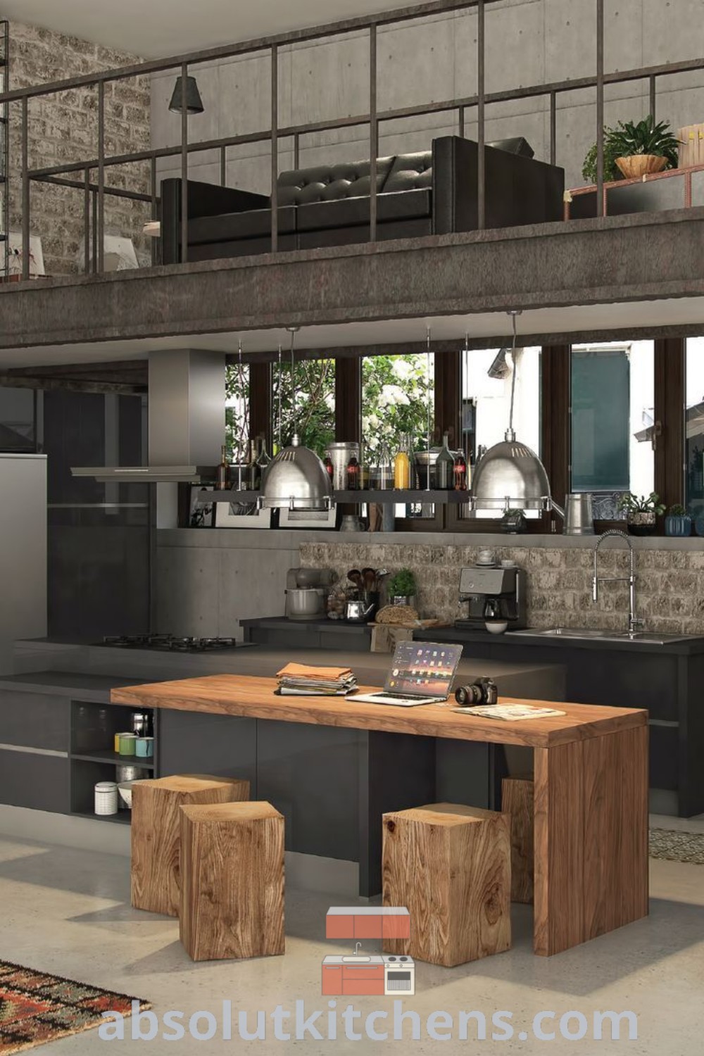 An industrial style kitchen and dining area with stools that showcases a loft kitchen design, blending functional beauty and cozy ideas. This space is filled with inspiring decor ideas for a stylish home, offering unique design inspirations at wellnesswink.com.