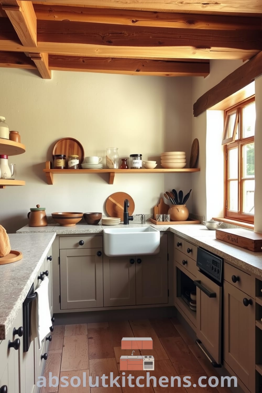 Cozy rustic kitchen featuring warm white walls, exposed wooden beams, a deep farmhouse sink, and textured stone countertops, adorned with jars of preserves and ceramic dishes for unique decor ideas at fireplacesandwoodstoves.com.